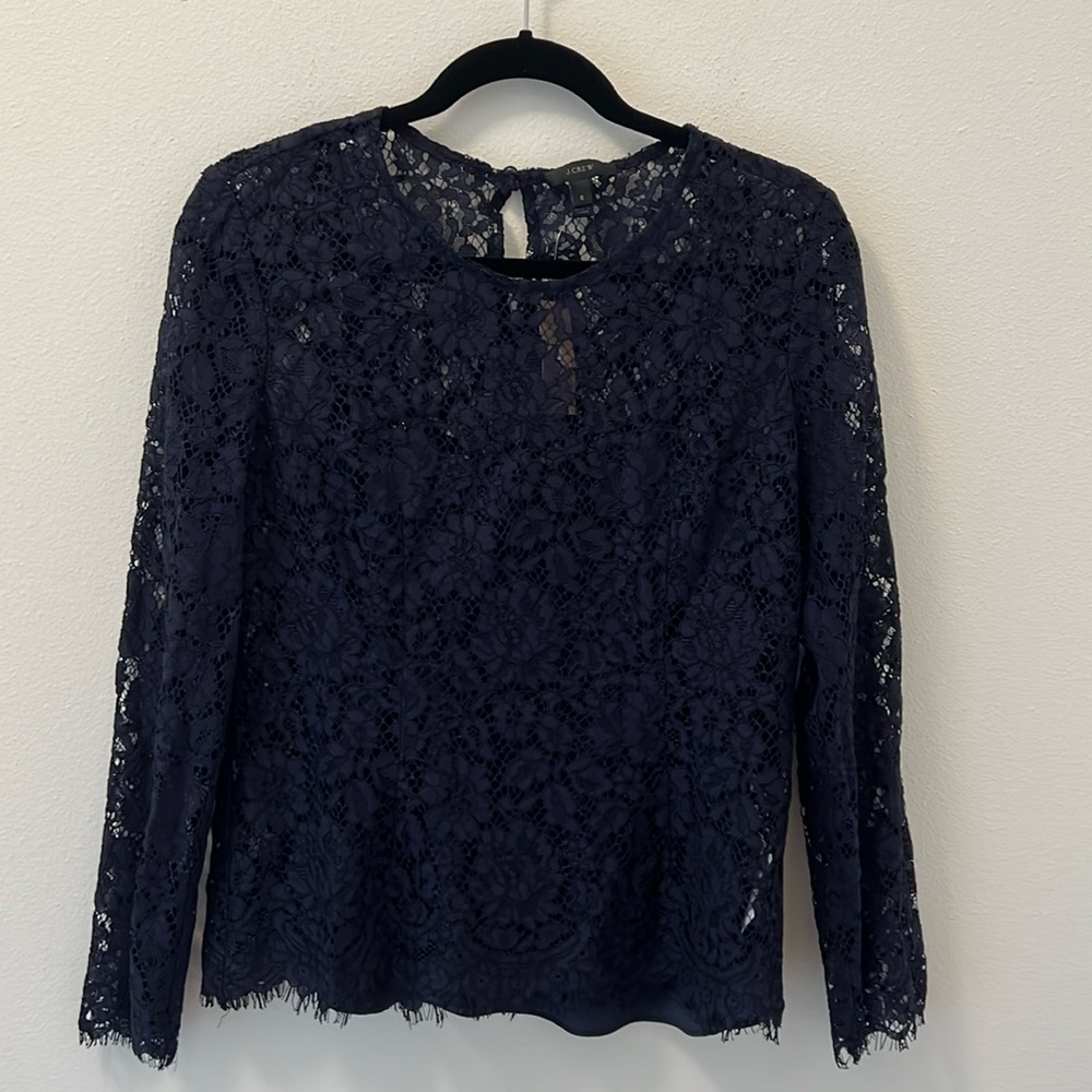 NWT J. Crew Lace Top Built-in Cami Navy Blue Blouse Top Size 6 Style H2200